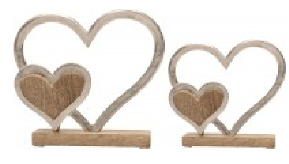 Deco legno/metallo_cuori 2 sogg. cm 14/19 H